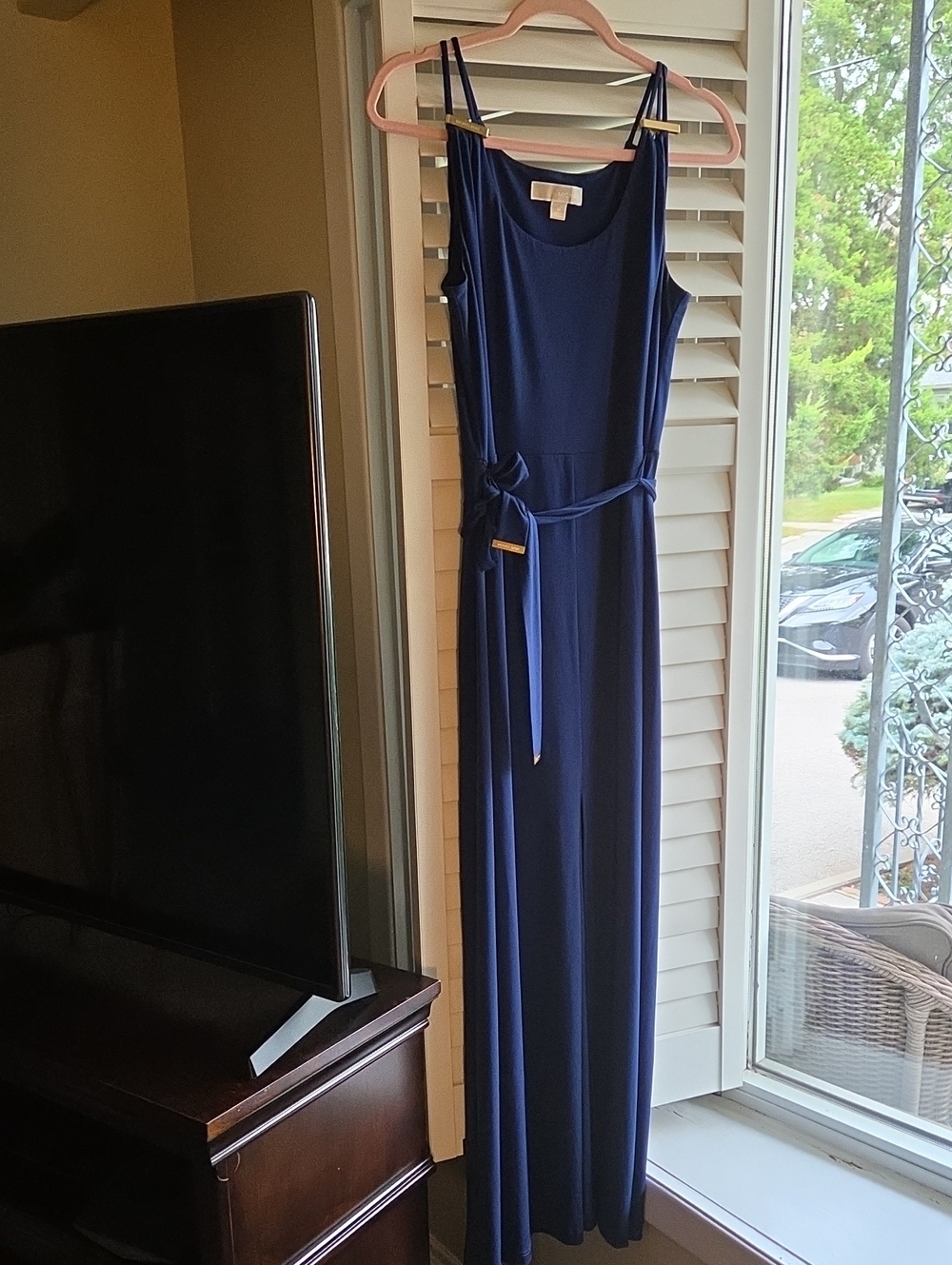 Michael Kors Navy Sleeveless Maxi Dress with Waist Tie With Free Matching Shawl
